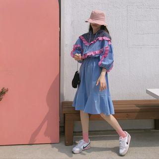 Checked-panel Frilled-trim Hoodie Dress Sky Blue - One Size