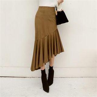 Shirred Diagonal-hem Long Skirt