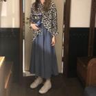 Long-sleeve Leopard Shirt / Plain High-waist Skirt