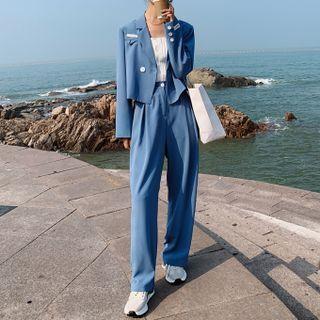 Set: Double-breasted Blazer + High-waist Wide-leg Dress Pants