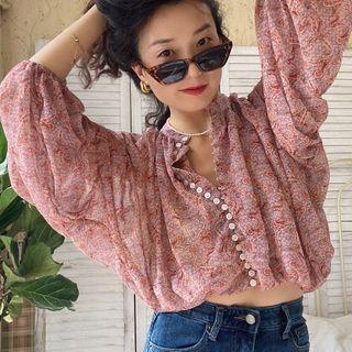 Print V-neck Puff-sleeve Crop Blouse