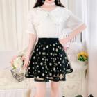 Set: Lace-trim Blouse + Floral Mesh A-line Skirt