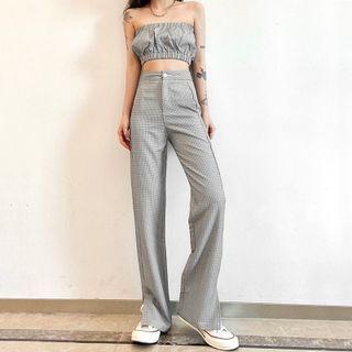 Set: Plaid Cropped Tube Top + High-waist Wide-leg Pants