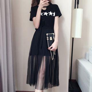 Set: Star Print Short Sleeve T-shirt Dress + Mesh Midi Skirt