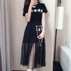 Set: Star Print Short Sleeve T-shirt Dress + Mesh Midi Skirt