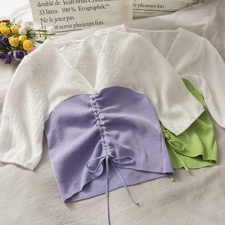 Embossed Patchwork Drawstring Crop Top