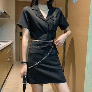 Short-sleeve Cropped Shirt / Chain / A-line Skirt / Set