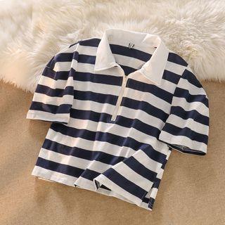 Short-sleeve Striped Polo Shirt White & Black - One Size