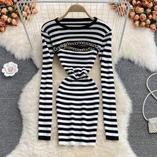 Set: Strappy Striped Knit Sheath Dress + Shrug