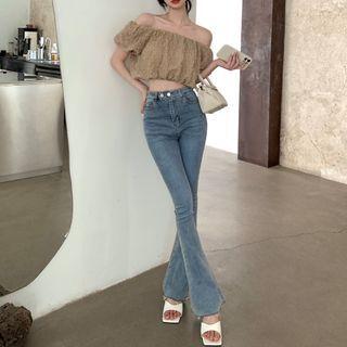 Short-sleeve Off-shoulder Ruched Chiffon Blouse / Mid-rise Bootcut Jeans