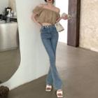 Short-sleeve Off-shoulder Ruched Chiffon Blouse / Mid-rise Bootcut Jeans