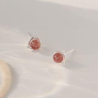 Sterling Silver Ear Stud 1 Pair - Red Strawberry Quartz - Silver - One Size