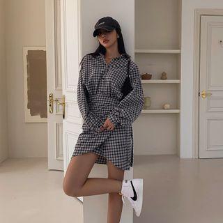 Balloon-sleeve Checked Wrap Dress