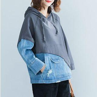 Ripped Denim Panel Hoodie Blue - One Size