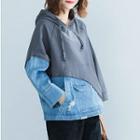 Ripped Denim Panel Hoodie Blue - One Size