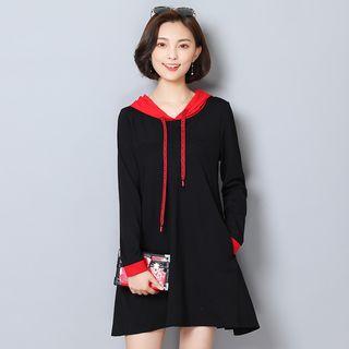 Lettering Strap Color Panel Hoodie Dress