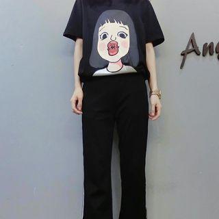 Set: Short-sleeve Printed T-shirt + Wide Leg Pants