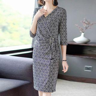 Patterned Side Tie Elbow-sleeve Sheath Dress
