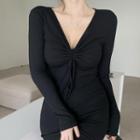 Long-sleeve Drawstring Mini Ribbed Dress