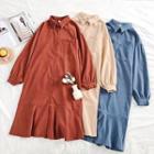 Plain Single-breasted Ruffled-trim Long-sleeve Dress