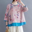 3/4-sleeve Floral Print Cheongsam Top Floral - Pink - One Size