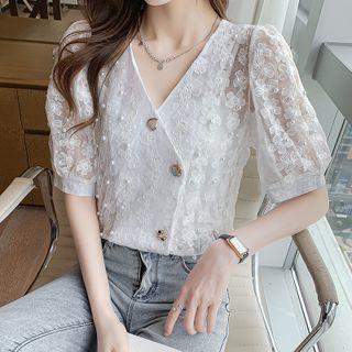 Elbow-sleeve V-neck Button-up Lace Top