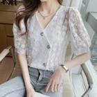 Elbow-sleeve V-neck Button-up Lace Top