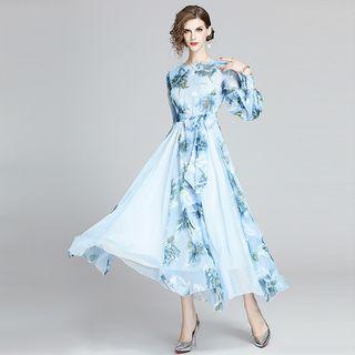 Flower Print Lantern-sleeve A-line Maxi Dress
