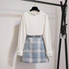 Set: Ruffle Trim Sweater + Plaid Tweed Skirt