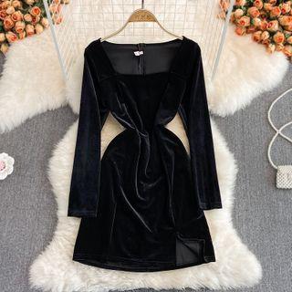 Square Neck Velvet Slit Dress