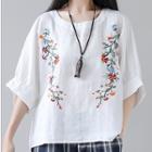 Ethnic Round-neck Cotton Linen Embroidered Top