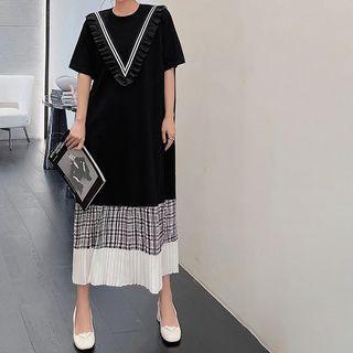 Short-sleeve Plaid Panel Midi T-shirt Dress Black - One Size