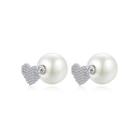 Simple And Elegant Heart-shaped Cubic Zirconia Imitation Pearl Stud Earrings Silver - One Size