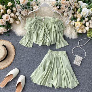 Set: Cold-shoulder Ruffle Chiffon Top + A-line Skirt