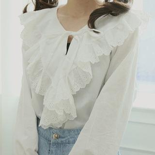 Eyelet-lace Ruffled Cotton Blouse