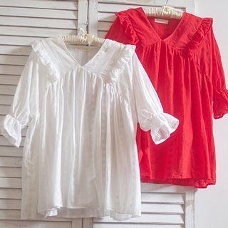 V-neck Ruffle Trim Elbow-sleeve Blouse