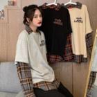 Mock Two-piece Plaid Trim Lettering Collared Sweatshirt