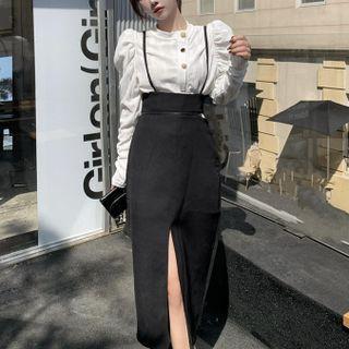 Puff-sleeve Crew-neck Shirt / Slited Overall Dress