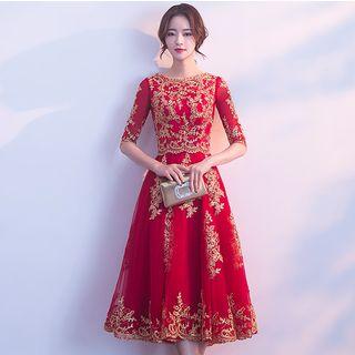 Elbow-sleeve A-line Wedding Dress