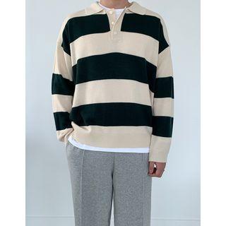 Drop-shoulder Stripe Knit Polo Shirt