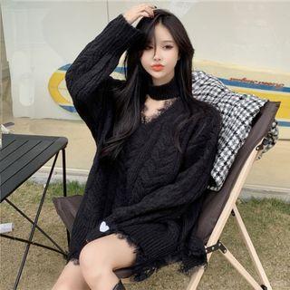 Lace Trim Cable Knit Sweater Black - One Size