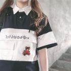 Two-tone Bear Embroidered Short-sleeve T-shirt