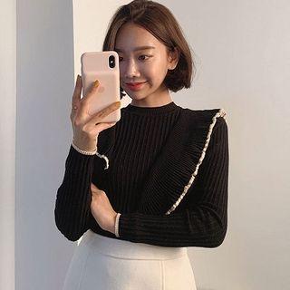 Ruffle Long-sleeve Slim-fit Knit Top Black - One Size