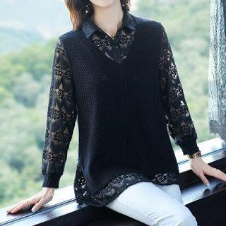 Long-sleeve Knit Panel Lace Shirt