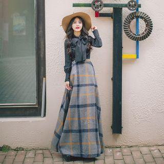 Set: Bow Accent Blouse + Plaid High-waist Maxi A-line Skirt