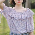 Floral Elbow-sleeve Ruffle Trim Blouse