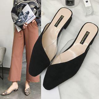 Faux Suede Clear Panel Block Heel Mules