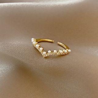 Faux Pearl V Shape Rhinestone Alloy Open Ring 1 Pc - J504 - Gold - One Size