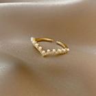 Faux Pearl V Shape Rhinestone Alloy Open Ring 1 Pc - J504 - Gold - One Size