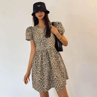 Puff-sleeve Shirred Leopard Minidress Beige - One Size